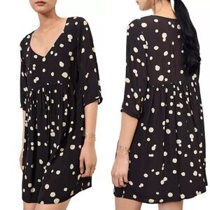 ba&sh Dalia Polka Dot Babydoll Mini Dress Sz 6 Black Sweetheart Pleated Pullover
